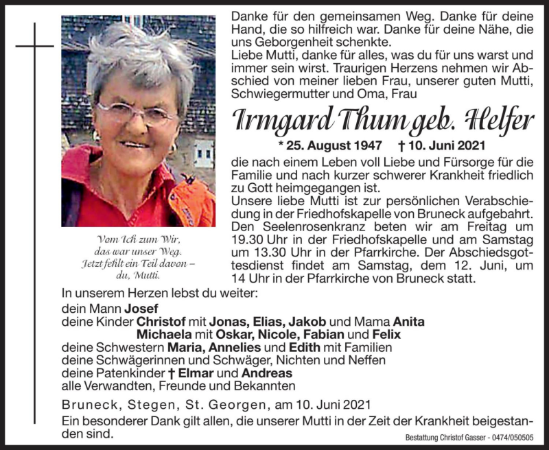  Traueranzeige für Irmgard Thum vom 11.06.2021 aus Dolomiten