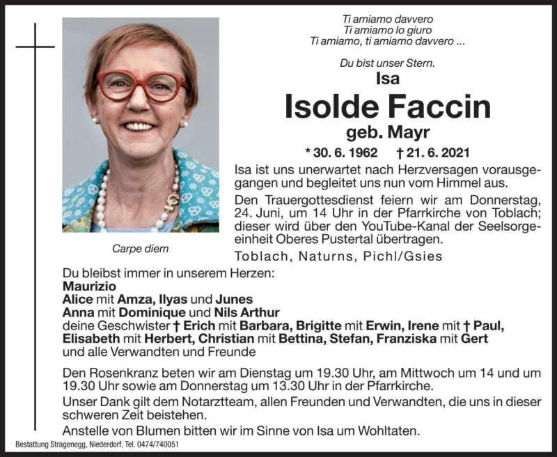  Traueranzeige für Isolde Faccin vom 22.06.2021 aus Dolomiten