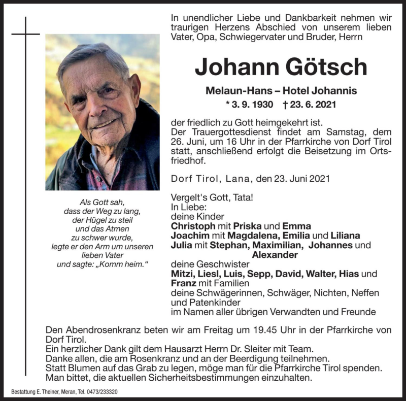  Traueranzeige für Johann Götsch vom 25.06.2021 aus Dolomiten
