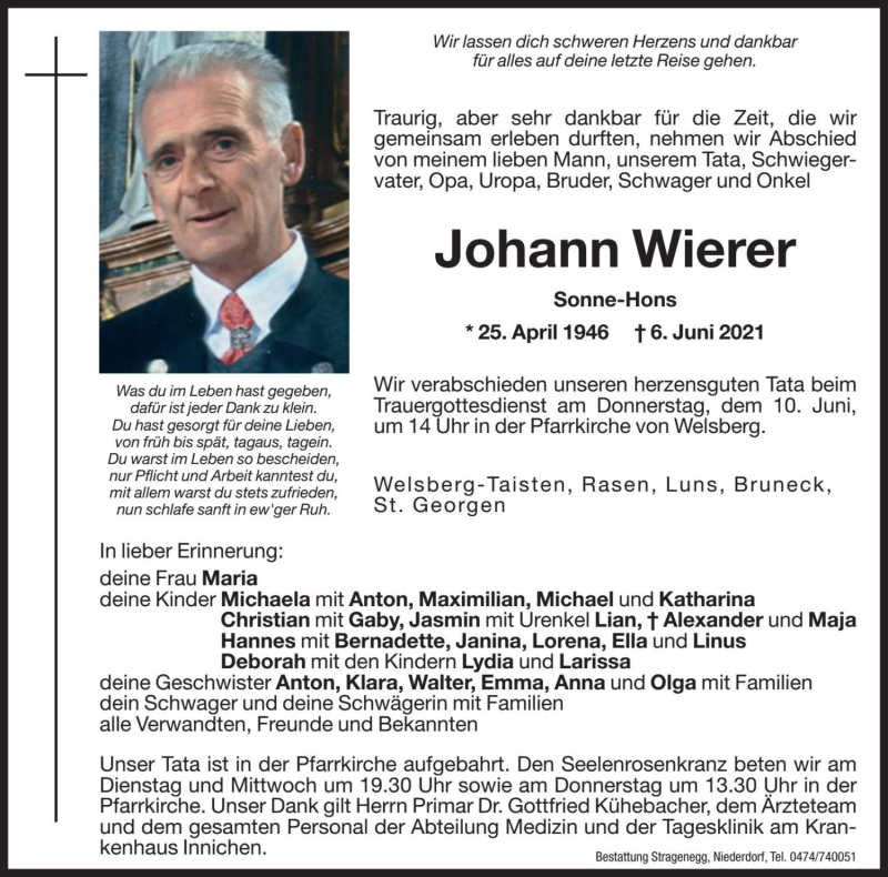  Traueranzeige für Johann Wierer vom 08.06.2021 aus Dolomiten