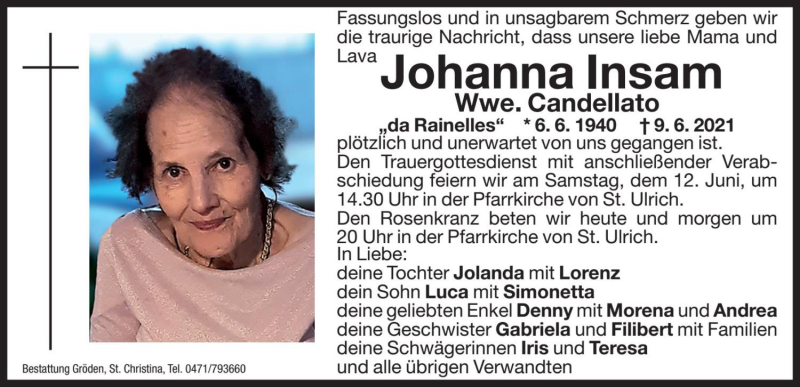  Traueranzeige für Johanna Candellato vom 10.06.2021 aus Dolomiten