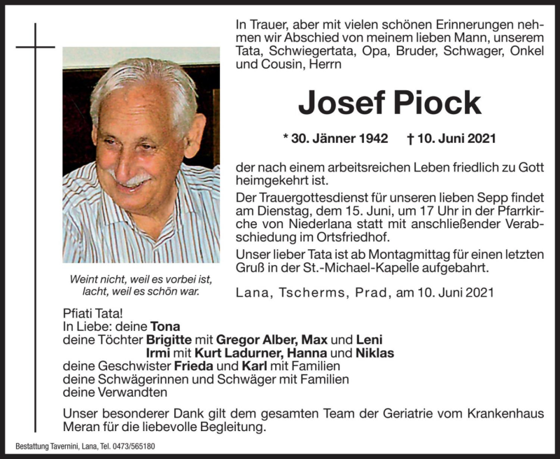  Traueranzeige für Josef Piock vom 11.06.2021 aus Dolomiten