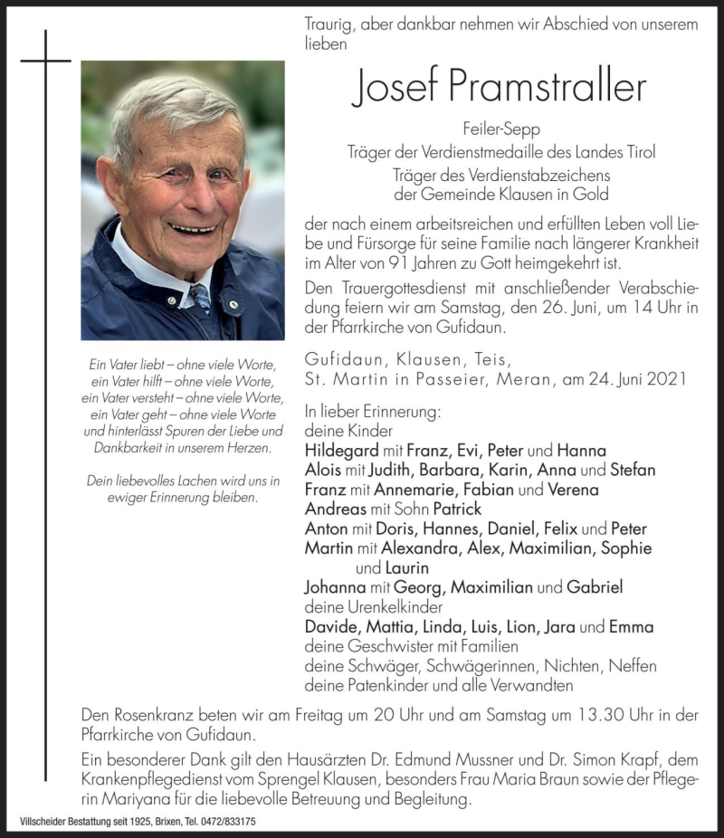  Traueranzeige für Josef Pramstraller vom 25.06.2021 aus Dolomiten