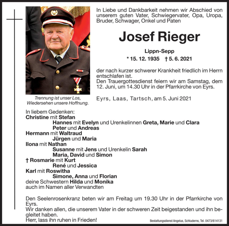  Traueranzeige für Josef Rieger vom 11.06.2021 aus Dolomiten