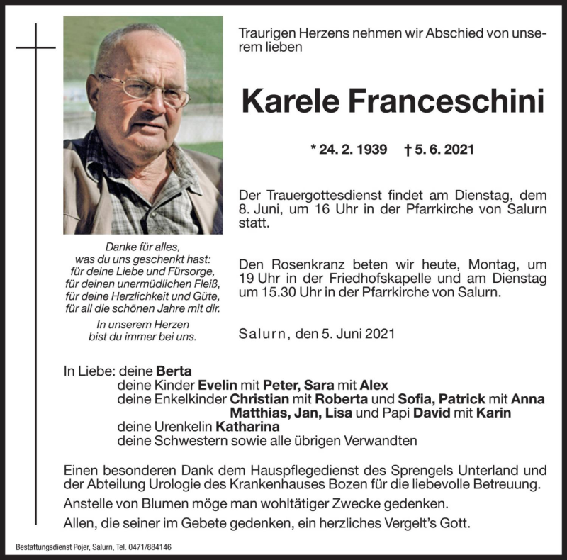  Traueranzeige für Karele Franceschini vom 07.06.2021 aus Dolomiten