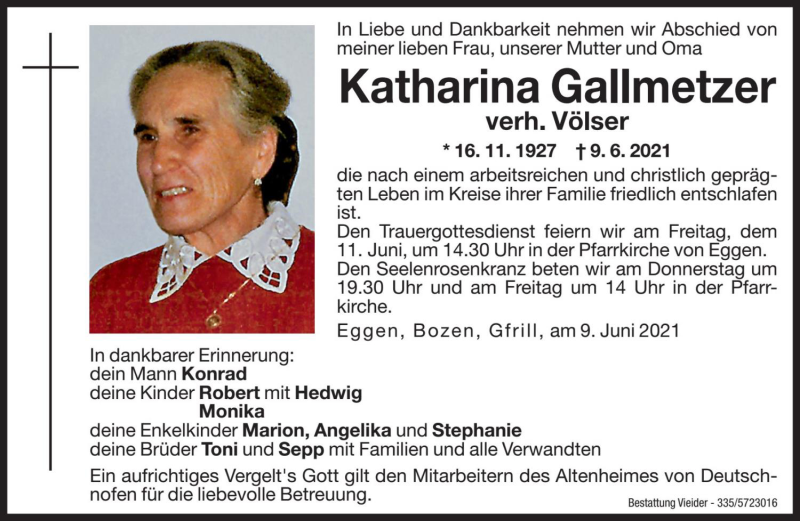  Traueranzeige für Katharina Völser vom 10.06.2021 aus Dolomiten