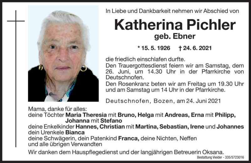  Traueranzeige für Katherina Pichler vom 25.06.2021 aus Dolomiten