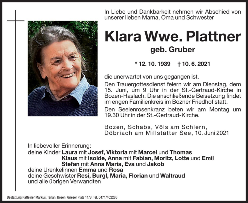  Traueranzeige für Klara Plattner vom 11.06.2021 aus Dolomiten