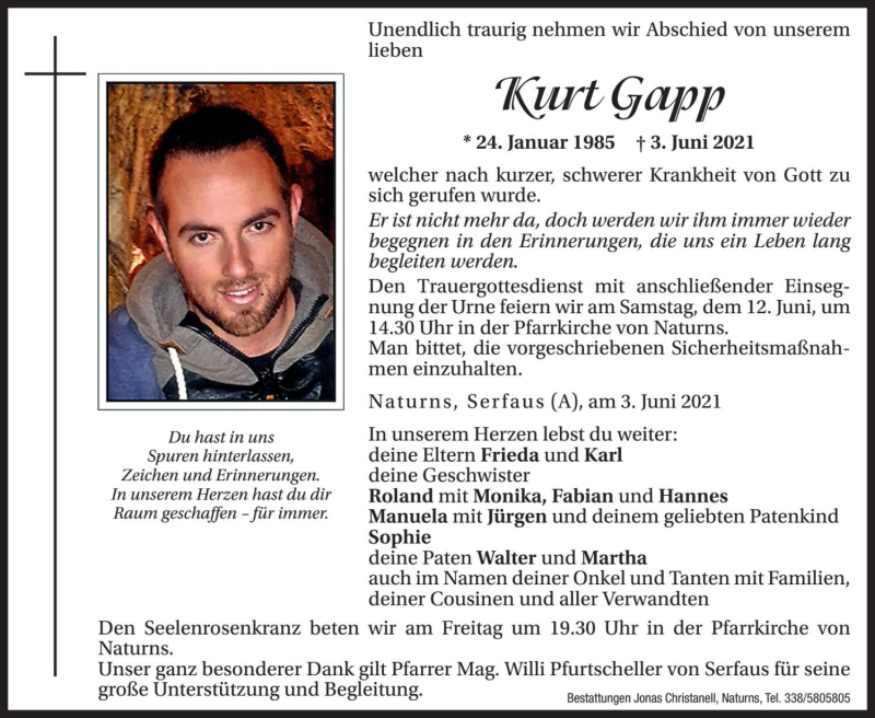  Traueranzeige für Kurt Gapp vom 10.06.2021 aus Dolomiten