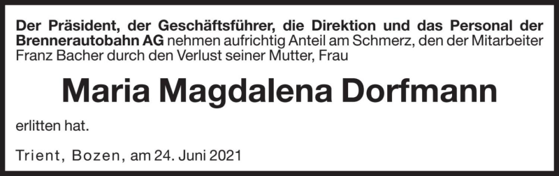  Traueranzeige für Maria Magdalena Bacher vom 24.06.2021 aus Dolomiten