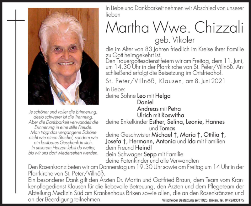  Traueranzeige für Martha Chizzali vom 10.06.2021 aus Dolomiten