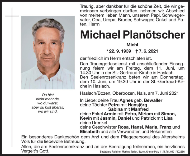  Traueranzeige für Michael Planötscher vom 09.06.2021 aus Dolomiten