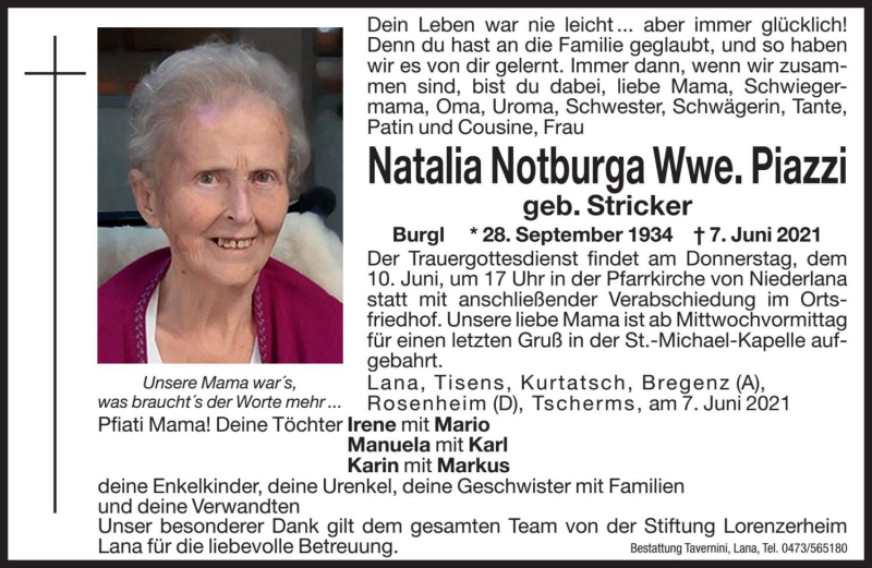  Traueranzeige für Natalia Notburga Piazzi vom 09.06.2021 aus Dolomiten