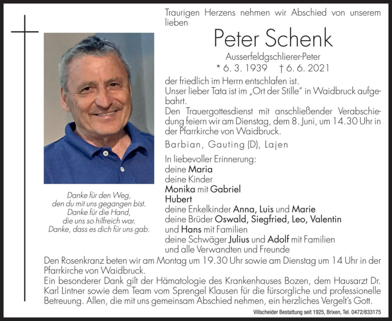  Traueranzeige für Peter Schenk vom 07.06.2021 aus Dolomiten