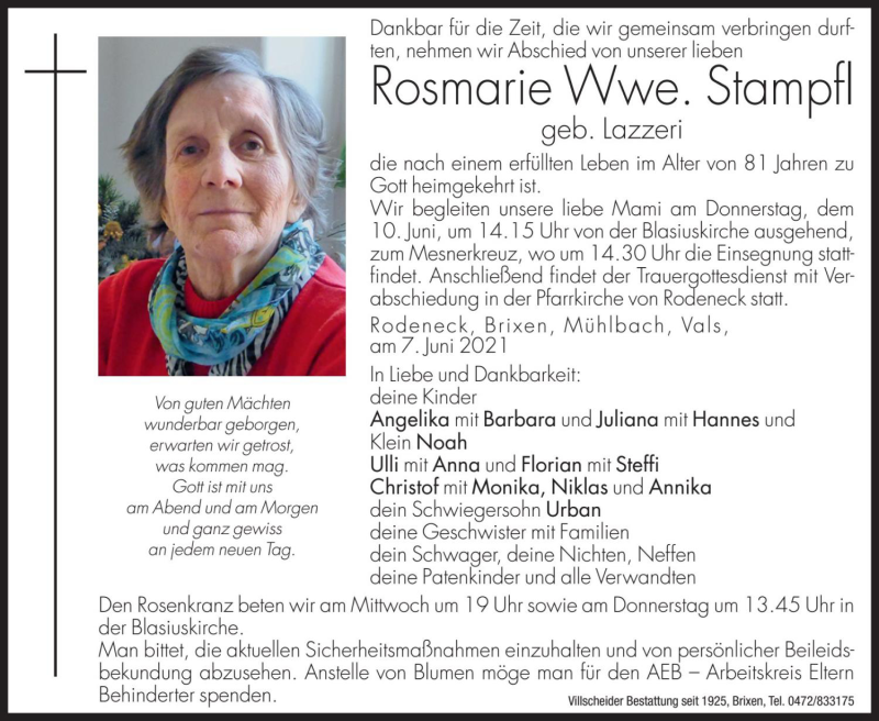  Traueranzeige für Rosmarie Stampfl vom 09.06.2021 aus Dolomiten