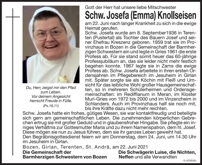  Traueranzeige für Schw. Josefa (Emma) Knollseisen vom 23.06.2021 aus Dolomiten