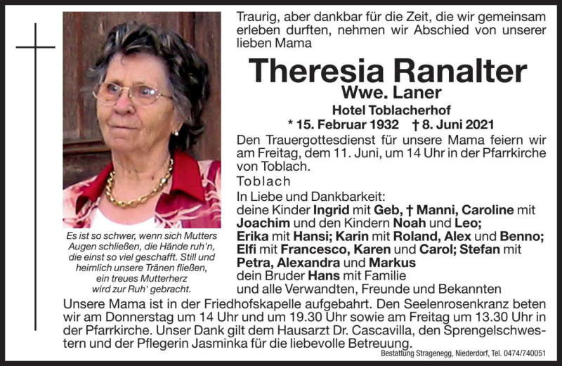  Traueranzeige für Theresia Laner vom 10.06.2021 aus Dolomiten