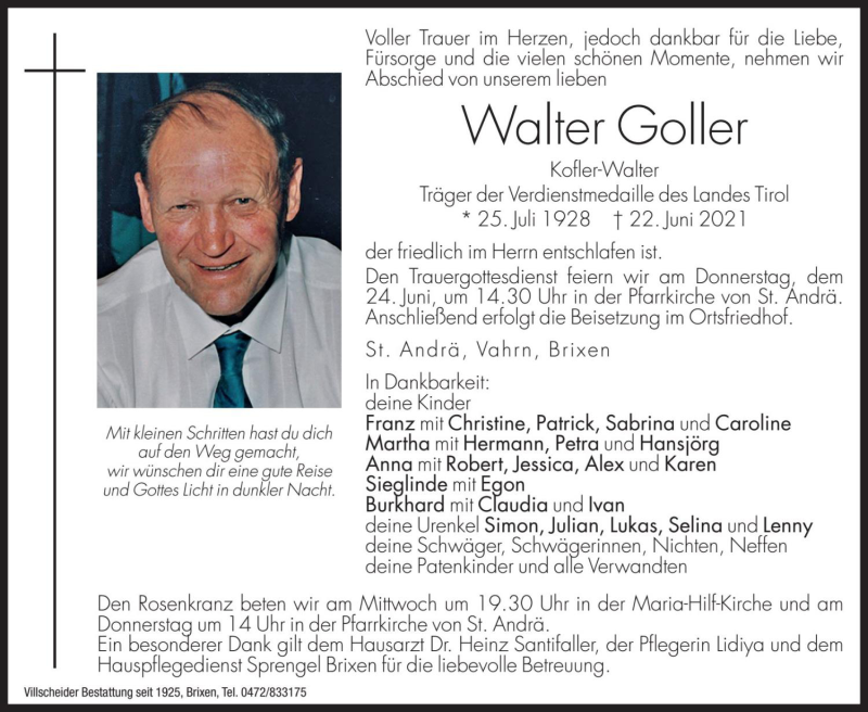  Traueranzeige für Walter Goller vom 23.06.2021 aus Dolomiten