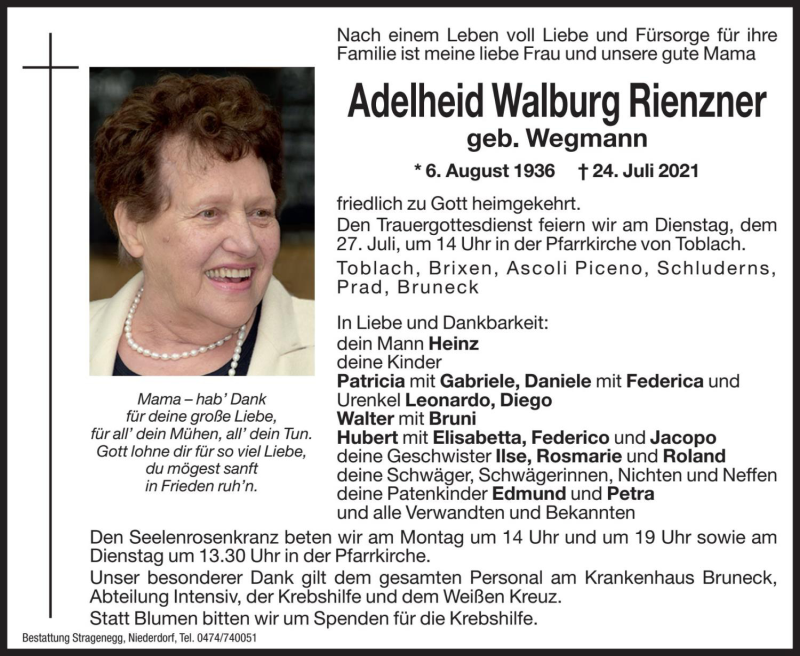  Traueranzeige für Adelheid Walburg Rienzner vom 26.07.2021 aus Dolomiten