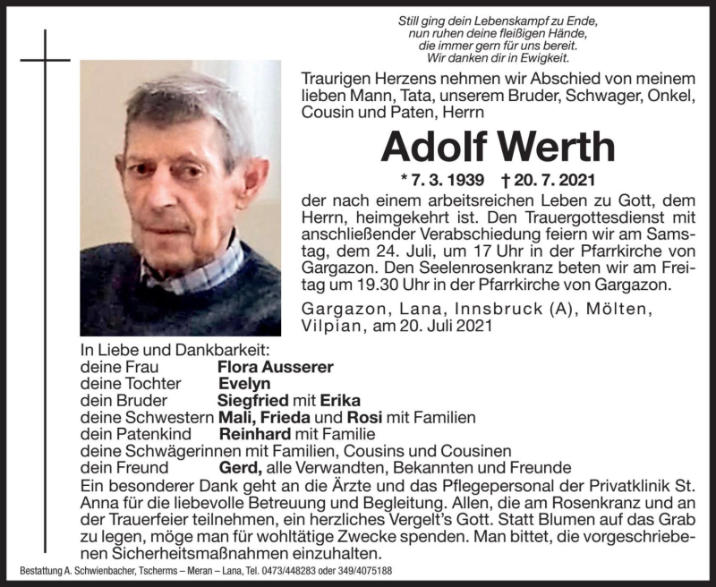  Traueranzeige für Adolf Werth vom 21.07.2021 aus Dolomiten