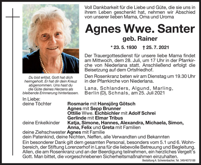  Traueranzeige für Agnes Santer vom 26.07.2021 aus Dolomiten