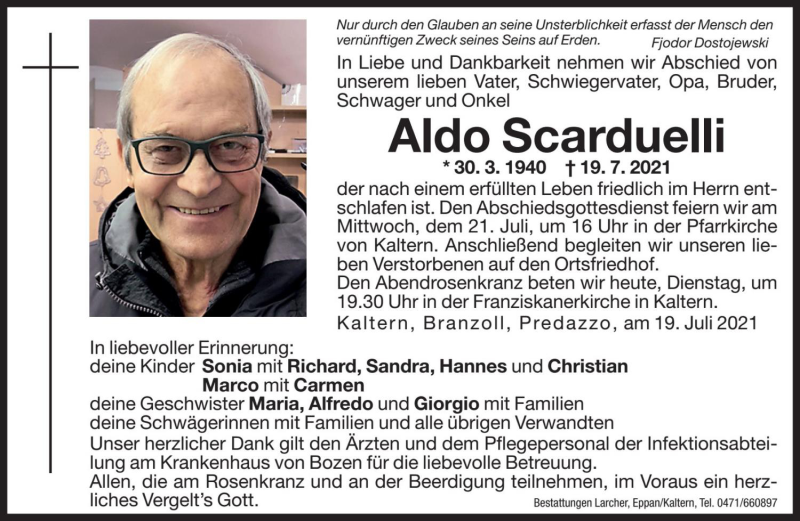  Traueranzeige für Aldo Scarduelli vom 20.07.2021 aus Dolomiten