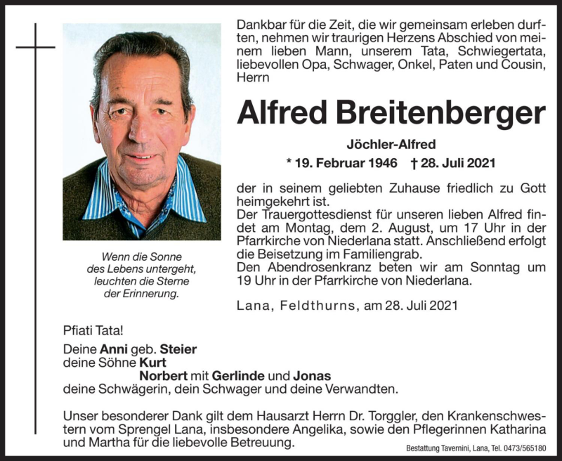  Traueranzeige für Alfred Breitenberger vom 30.07.2021 aus Dolomiten