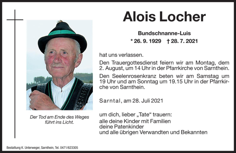  Traueranzeige für Alois Locher vom 30.07.2021 aus Dolomiten