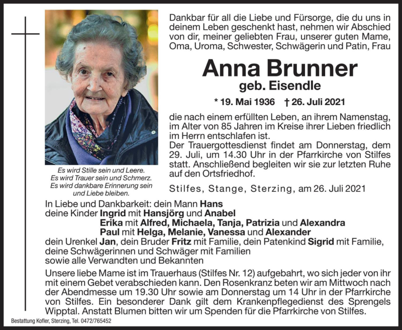  Traueranzeige für Anna Brunner vom 28.07.2021 aus Dolomiten
