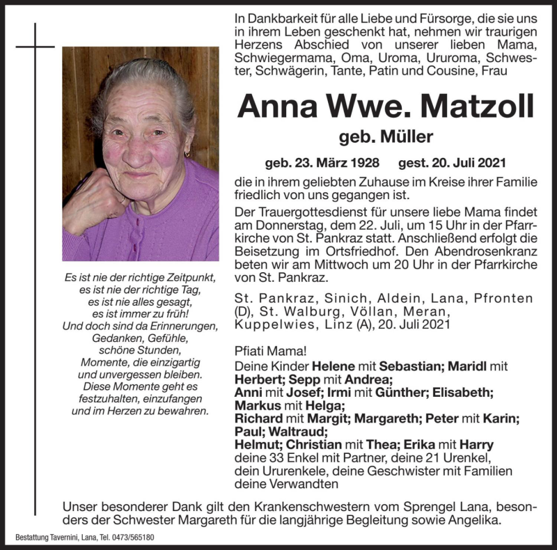  Traueranzeige für Anna Matzoll vom 21.07.2021 aus Dolomiten
