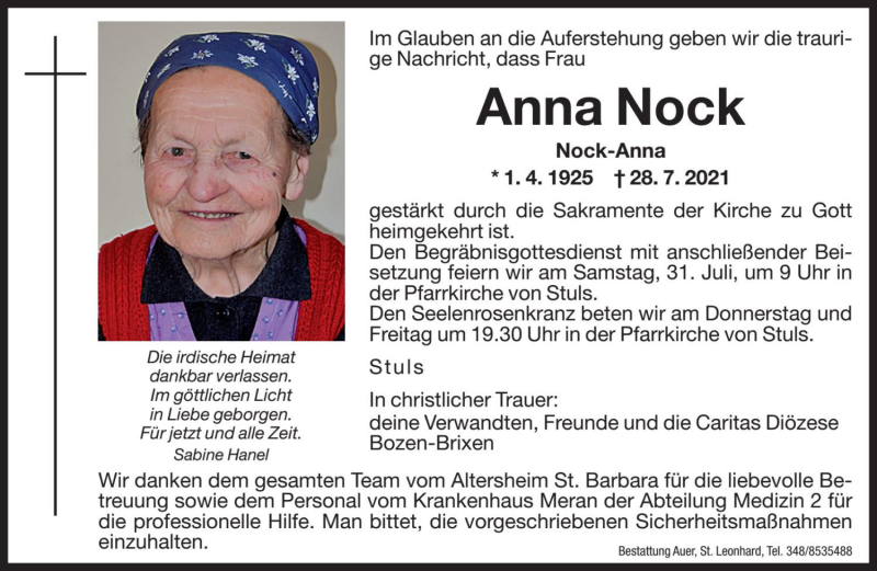  Traueranzeige für Anna Nock vom 29.07.2021 aus Dolomiten