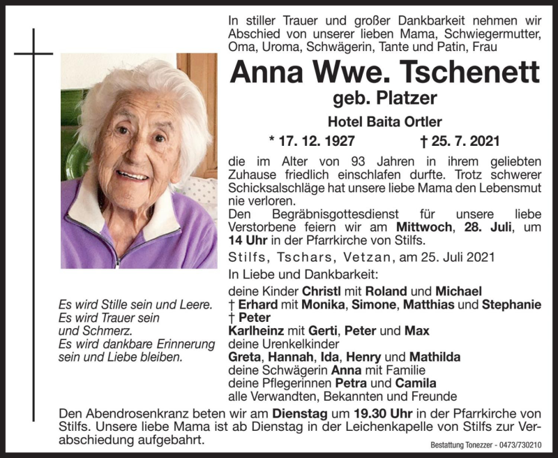  Traueranzeige für Anna Tschenett vom 26.07.2021 aus Dolomiten