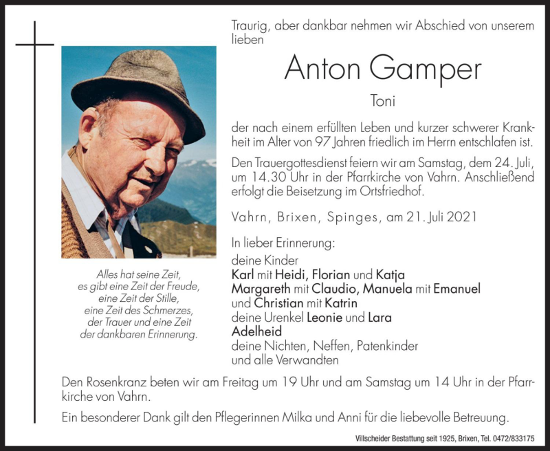  Traueranzeige für Anton Gamper vom 23.07.2021 aus Dolomiten
