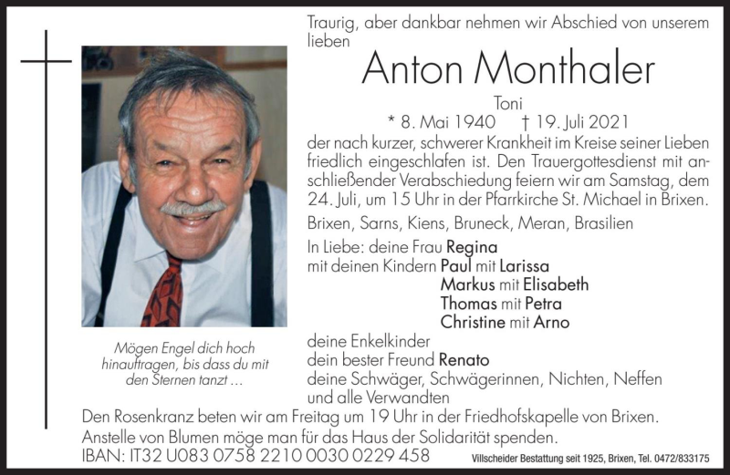  Traueranzeige für Anton Monthaler vom 23.07.2021 aus Dolomiten