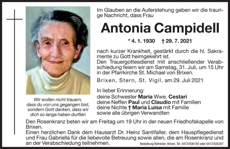  Traueranzeige für Antonia Campidell vom 30.07.2021 aus Dolomiten