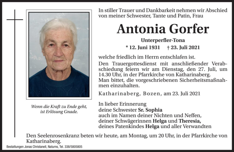  Traueranzeige für Antonia Gorfer vom 26.07.2021 aus Dolomiten