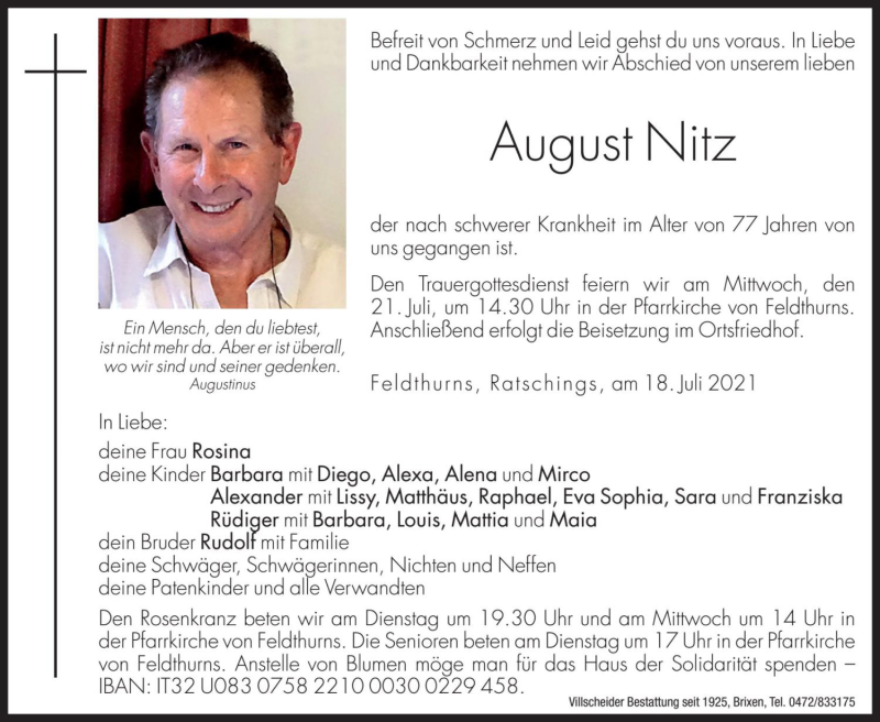  Traueranzeige für August Nitz vom 20.07.2021 aus Dolomiten