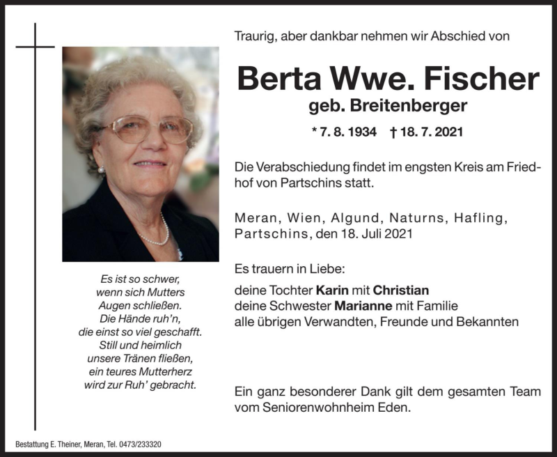  Traueranzeige für Berta Fischer vom 23.07.2021 aus Dolomiten