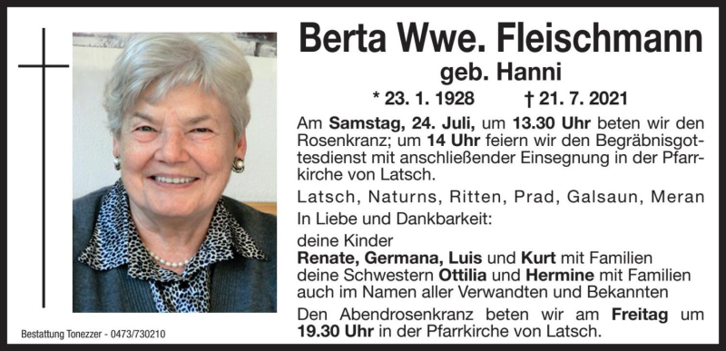  Traueranzeige für Berta Fleischmann vom 23.07.2021 aus Dolomiten