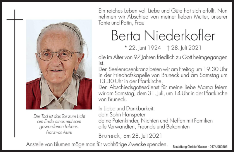 Traueranzeige für Berta Niederkofler vom 30.07.2021 aus Dolomiten