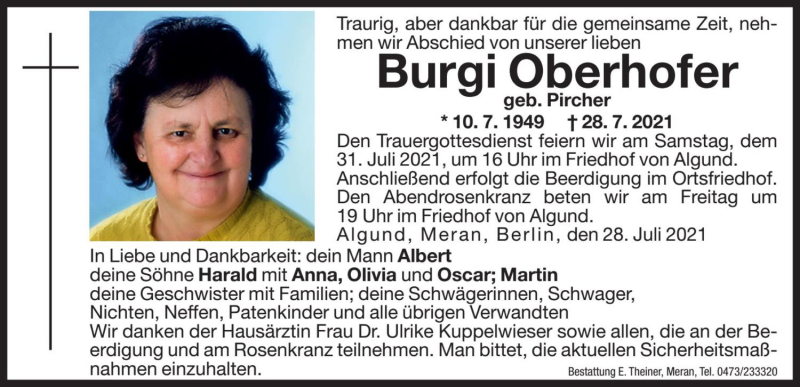  Traueranzeige für Burgi Oberhofer vom 30.07.2021 aus Dolomiten
