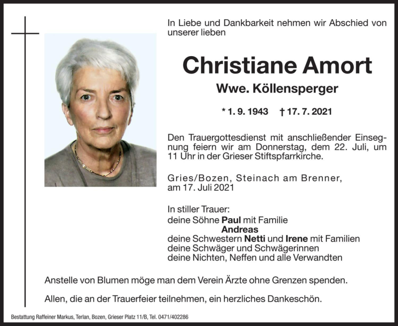  Traueranzeige für Christiane Köllensperger vom 20.07.2021 aus Dolomiten