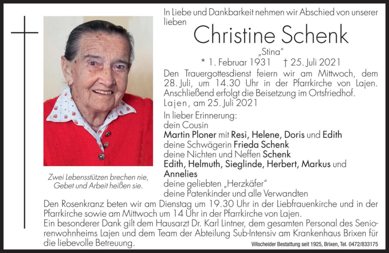  Traueranzeige für Christine Schenk vom 27.07.2021 aus Dolomiten