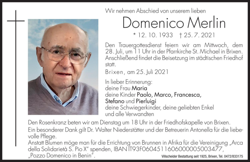 Traueranzeige für Domenico Merlin vom 27.07.2021 aus Dolomiten