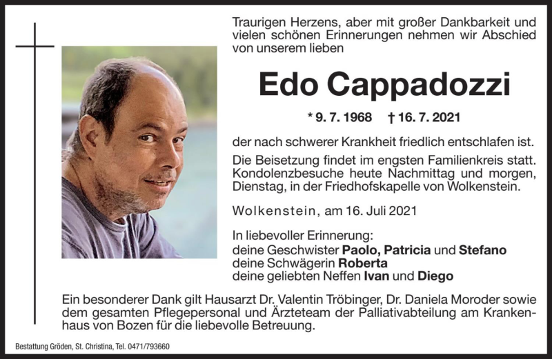  Traueranzeige für Edo Cappadozzi vom 19.07.2021 aus Dolomiten