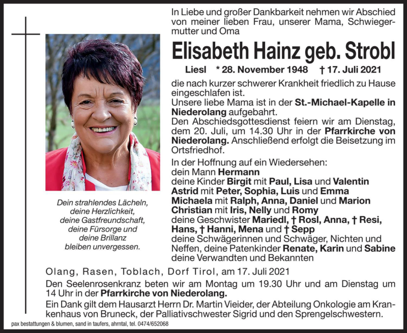  Traueranzeige für Elisabeth Hainz vom 19.07.2021 aus Dolomiten