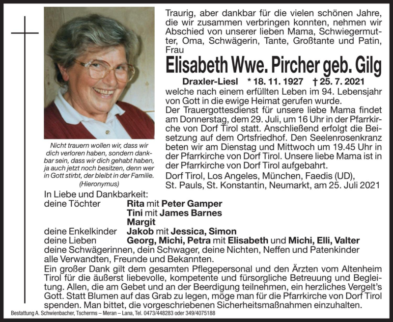  Traueranzeige für Elisabeth Pircher vom 27.07.2021 aus Dolomiten