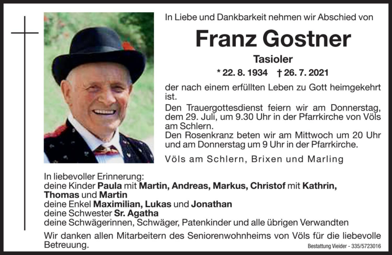  Traueranzeige für Franz Gostner vom 28.07.2021 aus Dolomiten