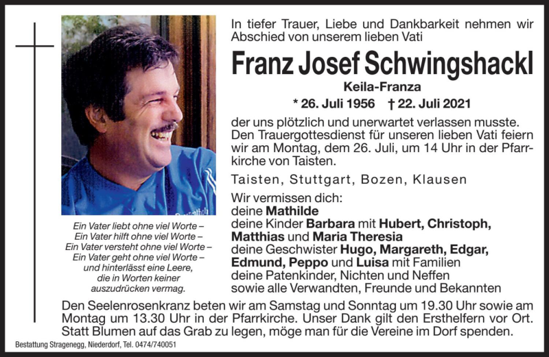  Traueranzeige für Franz Josef Schwingshackl vom 24.07.2021 aus Dolomiten
