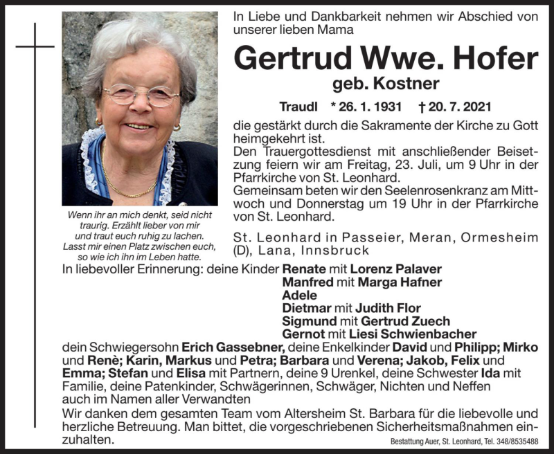  Traueranzeige für Gertrud Hofer vom 21.07.2021 aus Dolomiten